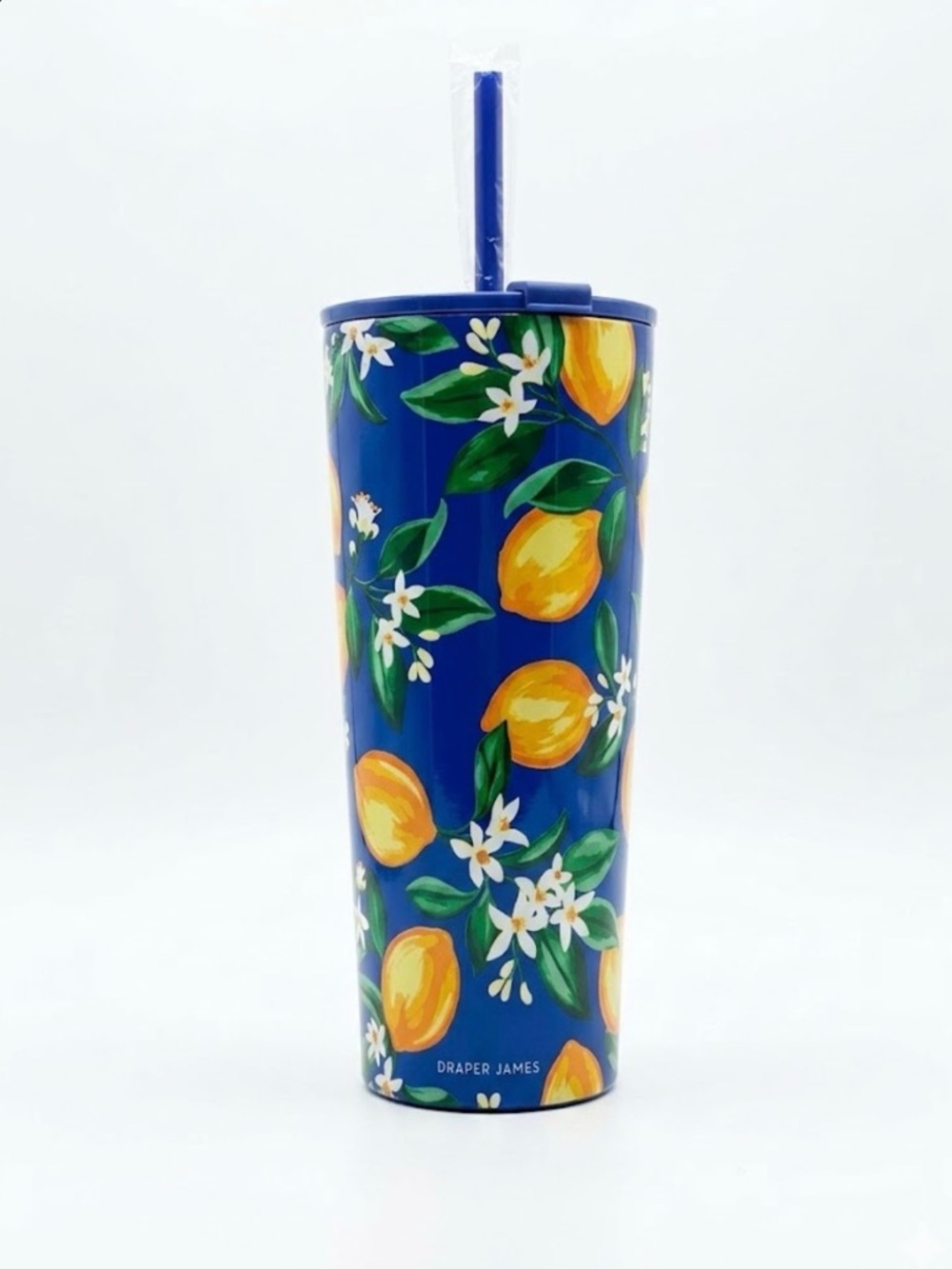Draper James Blue Tumbler with Yellow Lemon Motif and Matching Straw